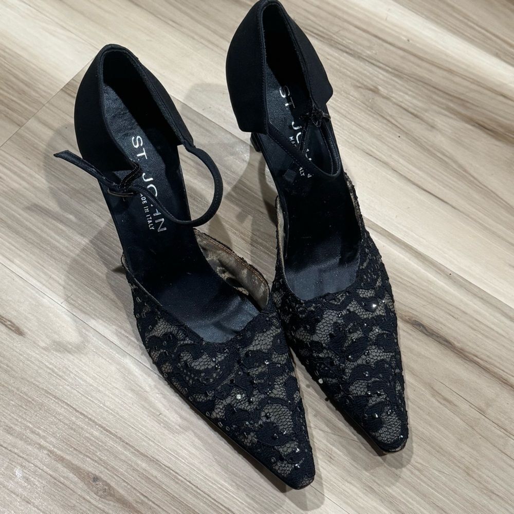 St John Italian Pumps Pointed Toe Kitten Heels Black Lace Sparkle Women’s 8.5